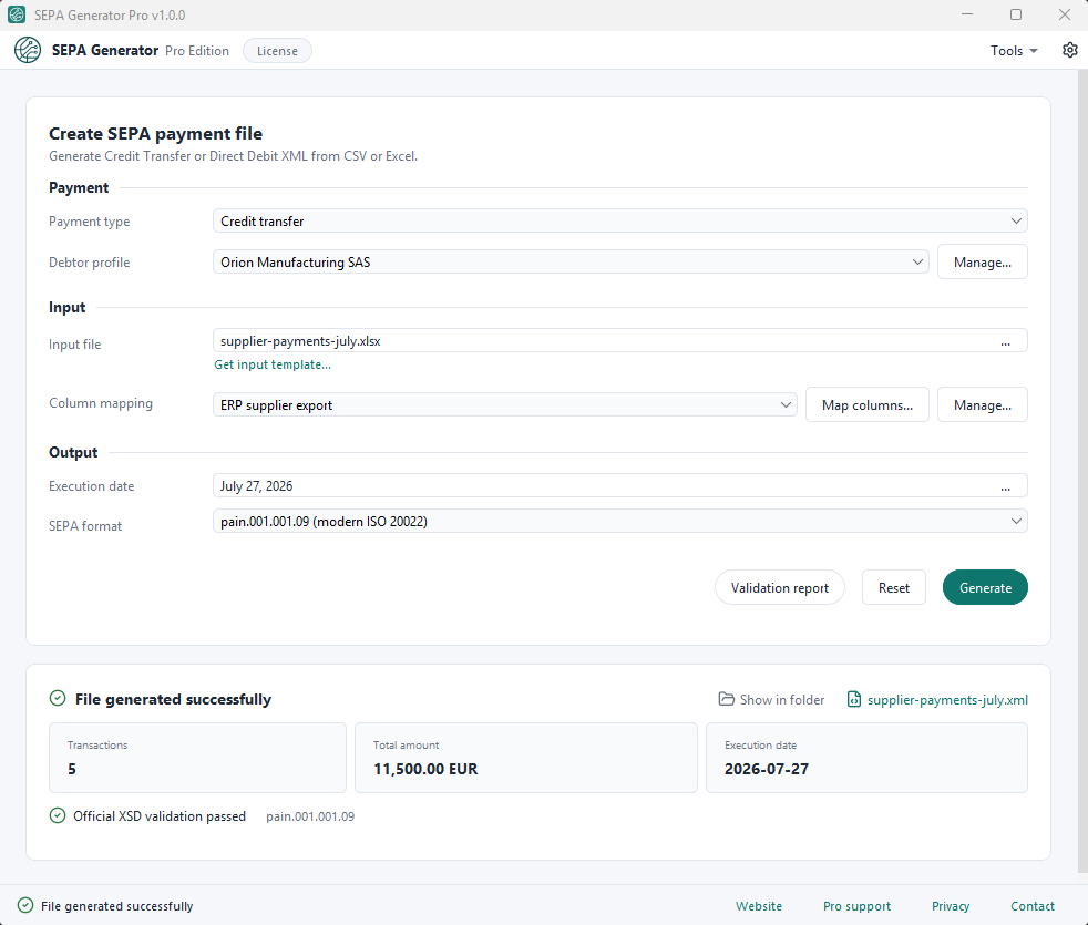 SEPA Generator after a successful credit transfer generation: five transactions totalling 11,500.00 EUR, with official XSD validation passed for pain.001.001.09.