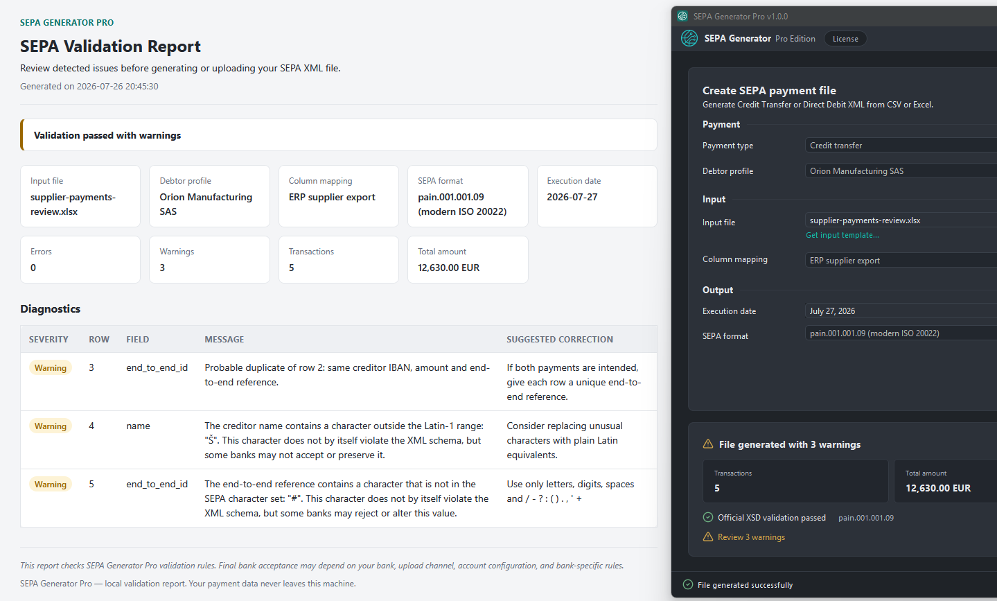 Detailed SEPA validation report listing warnings by row and field with suggested corrections, shown next to the application window.