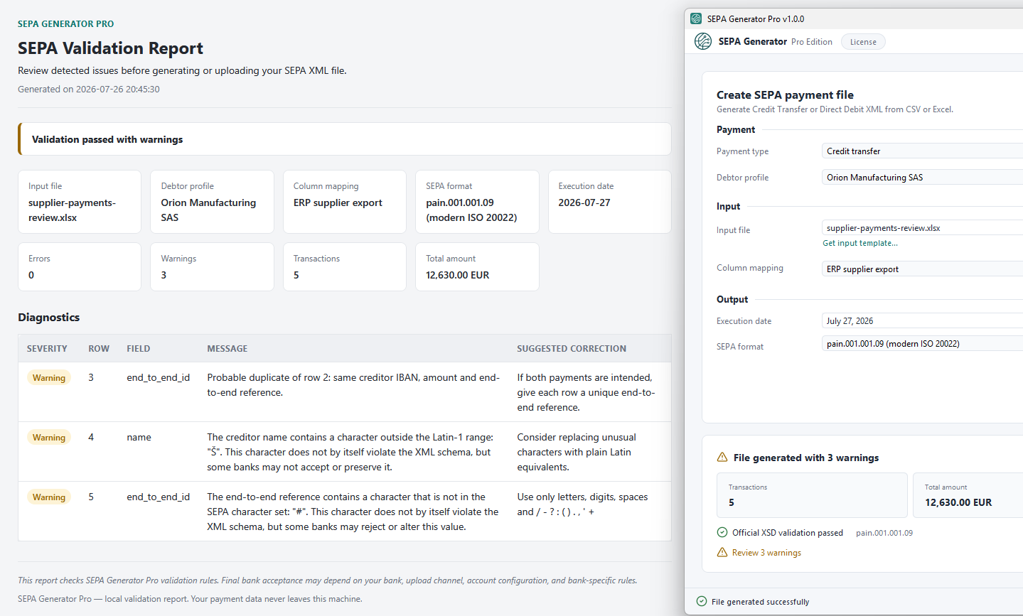 Detailed SEPA validation report listing warnings by row and field with suggested corrections, shown next to the application window.