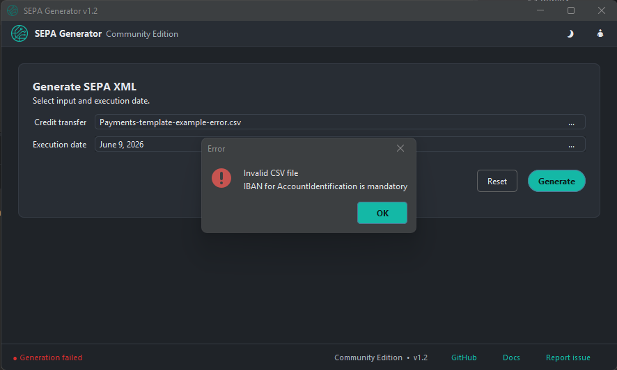 SEPA Generator showing a clear validation error message