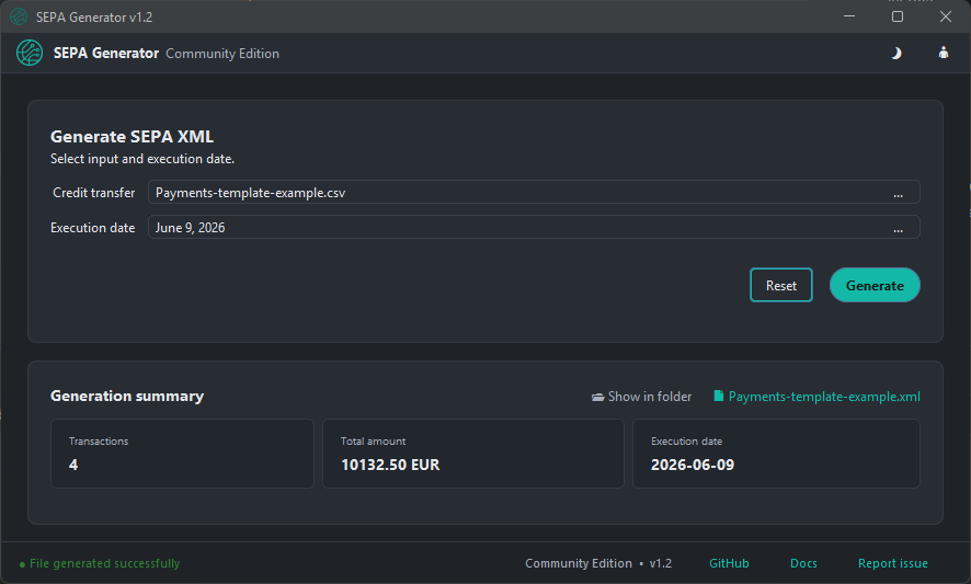 SEPA Generator desktop app main screen