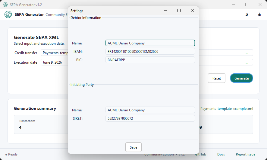 SEPA Generator settings screen